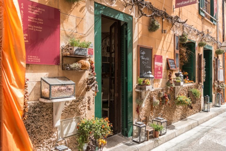 Spain Mallorca - village Santanyi - streets of the historic town with nice small shops