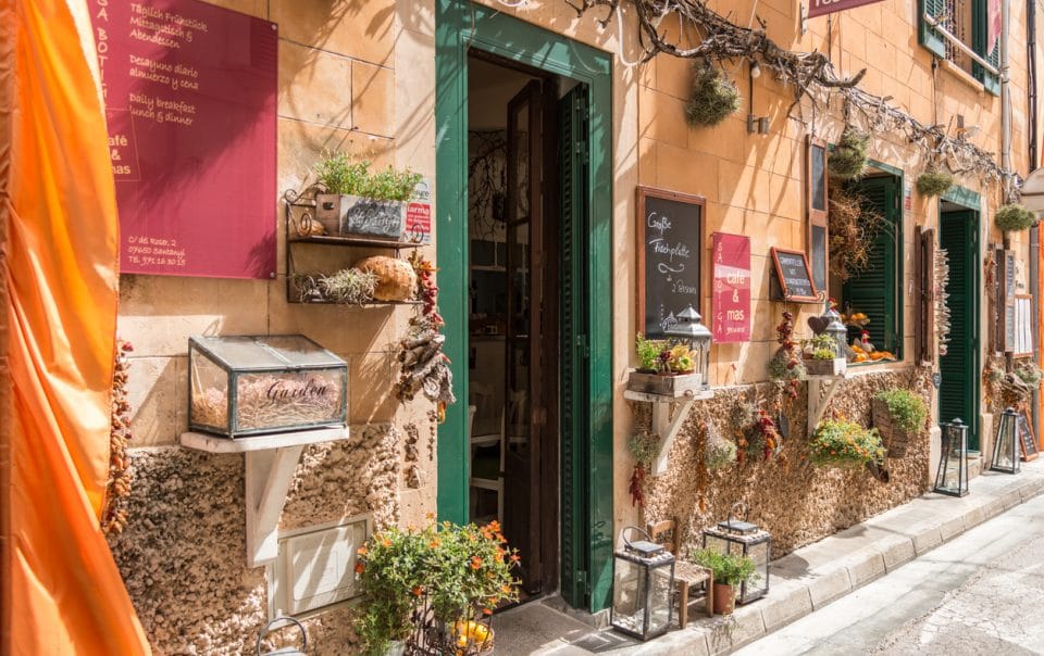 Spain Mallorca - village Santanyi - streets of the historic town with nice small shops